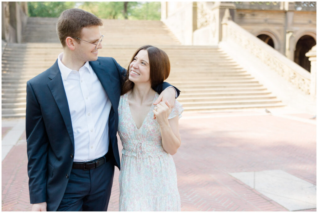 A couple walking through Central Park for their New York City engagement session.