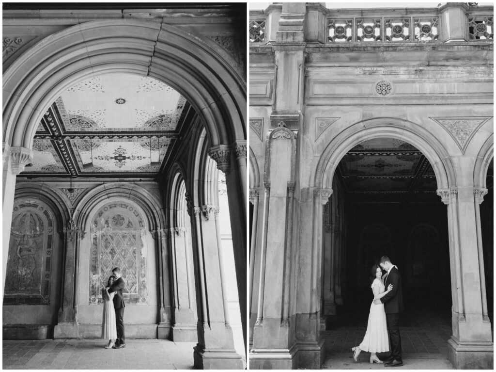 A couple posing in the iconic Bethesda Terrace in Central Park for their New York City engagement session