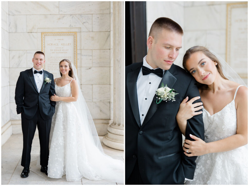 a couple posing for their wedding portraits at the cleveland museum of art