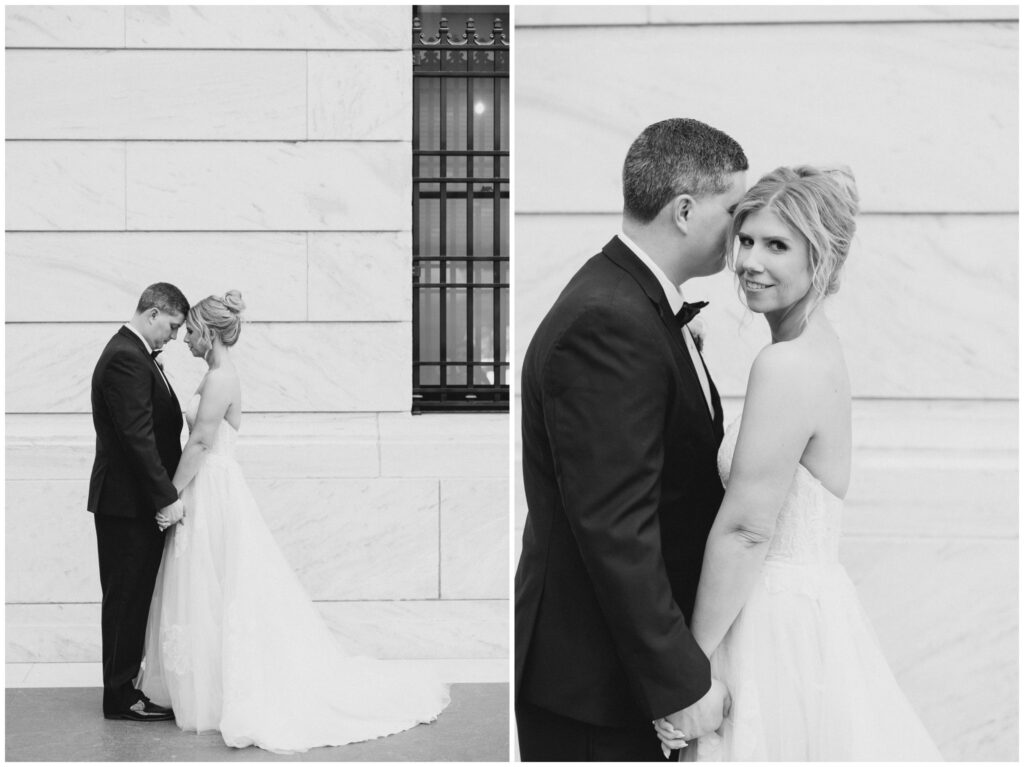 bride and groom portraits taken inside the atrium at the cleveland museum of art
