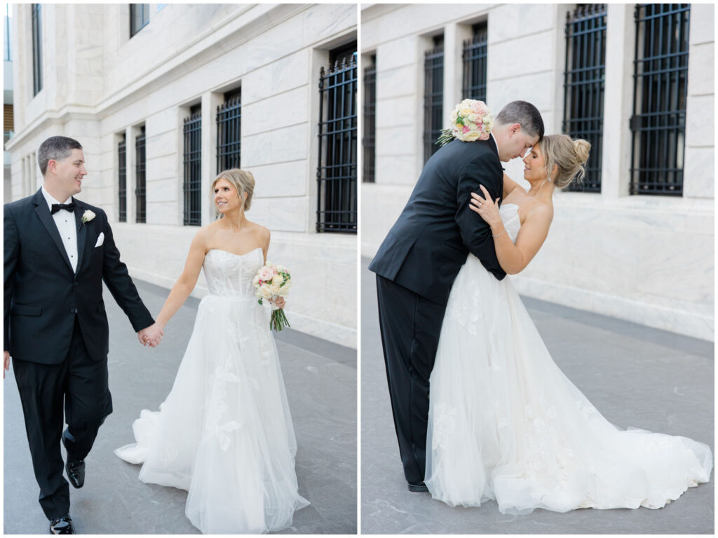 a couple posing for their wedding portraits at the cleveland museum of art