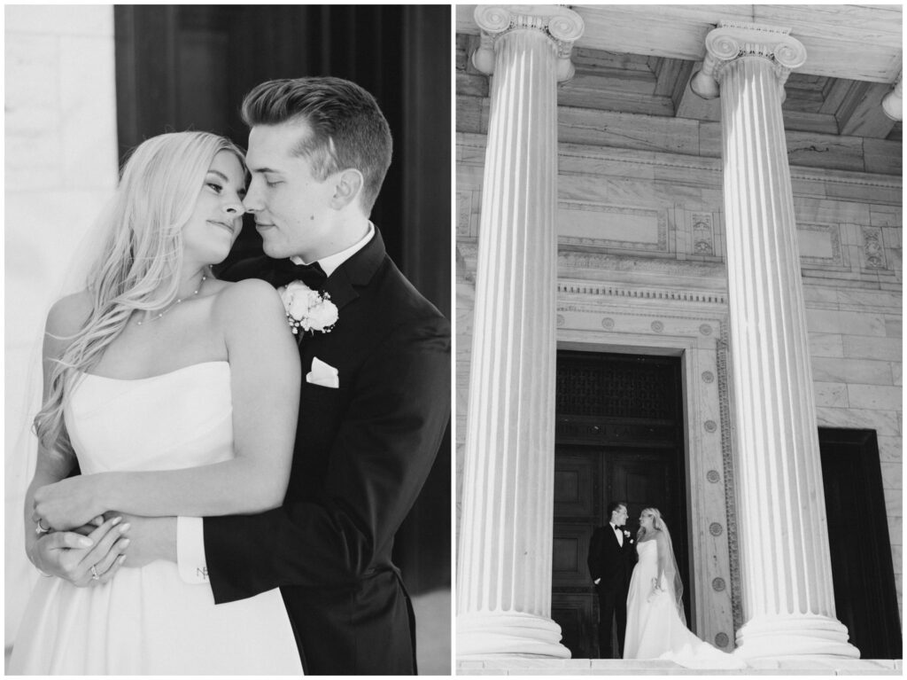 A couple posing for their wedding portraits at the Cleveland Museum of Art
