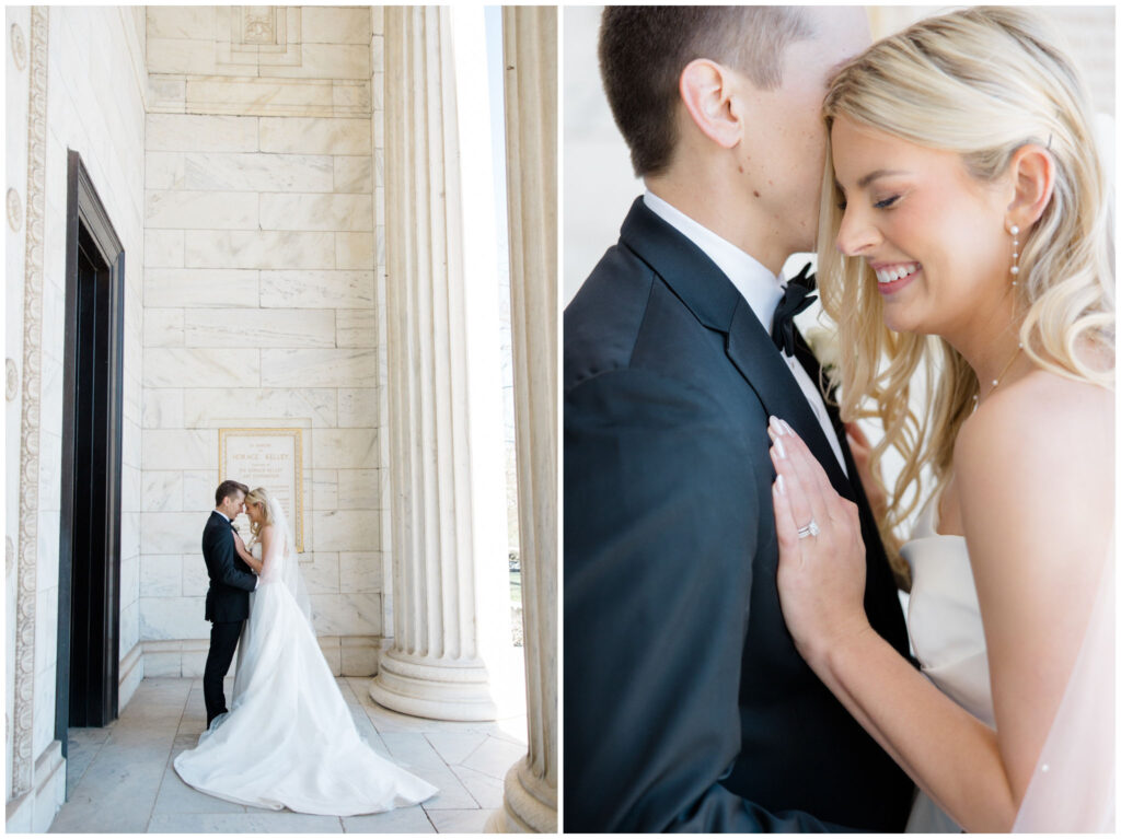 A couple posing for their wedding portraits at the Cleveland Museum of Art