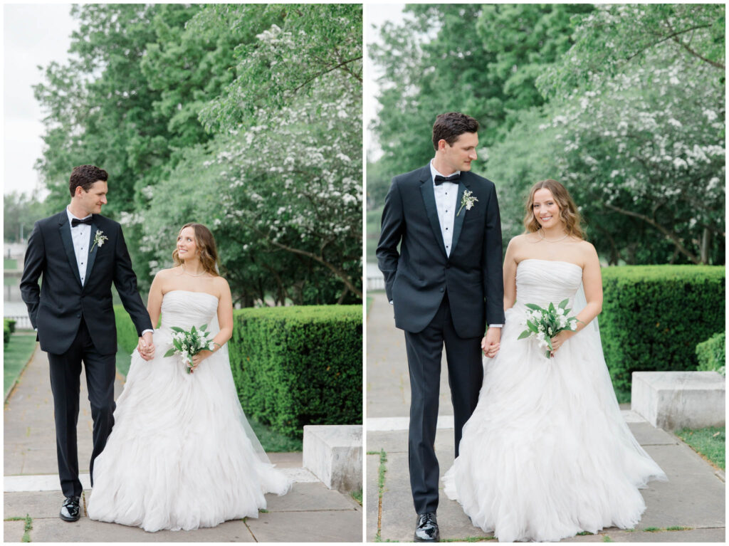 A couple posing at the Cleveland Museum of Art for their wedding portraits