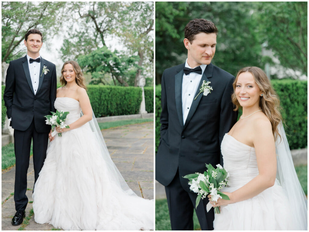 A couple posing for their wedding portraits at the Cleveland Museum of Art