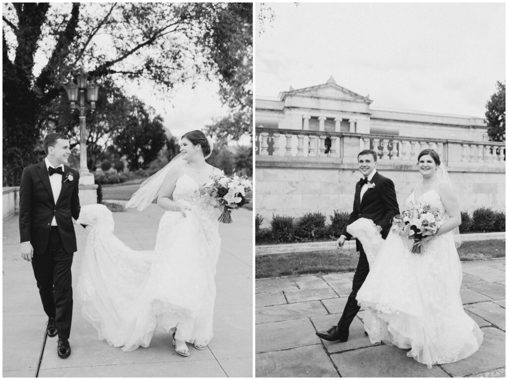 A couple taking a walk in front the cleveland museum of art for their wedding portraits