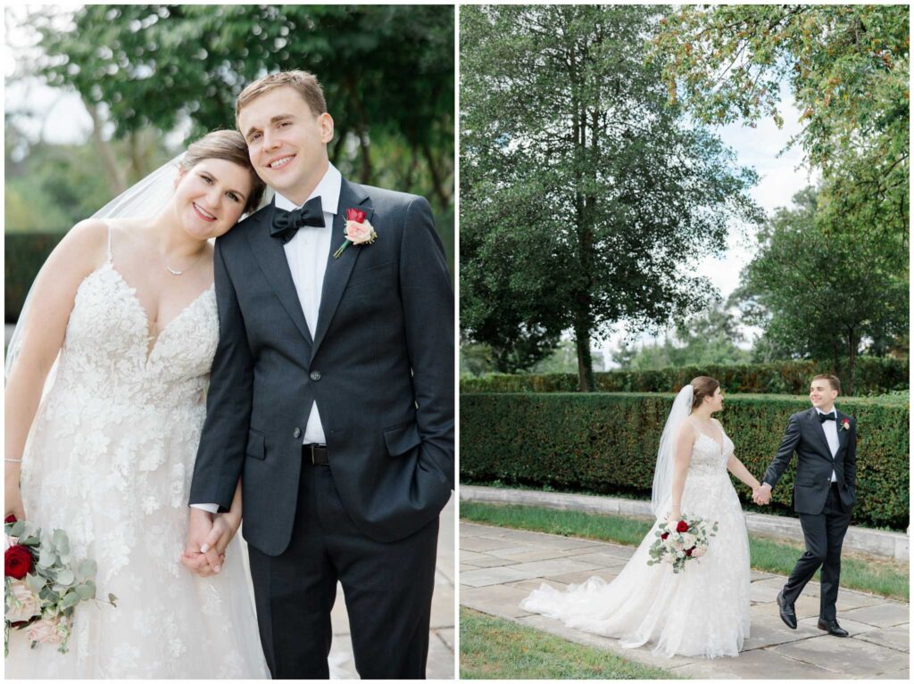 A couple posing at the Cleveland Museum of Art for their wedding portraits