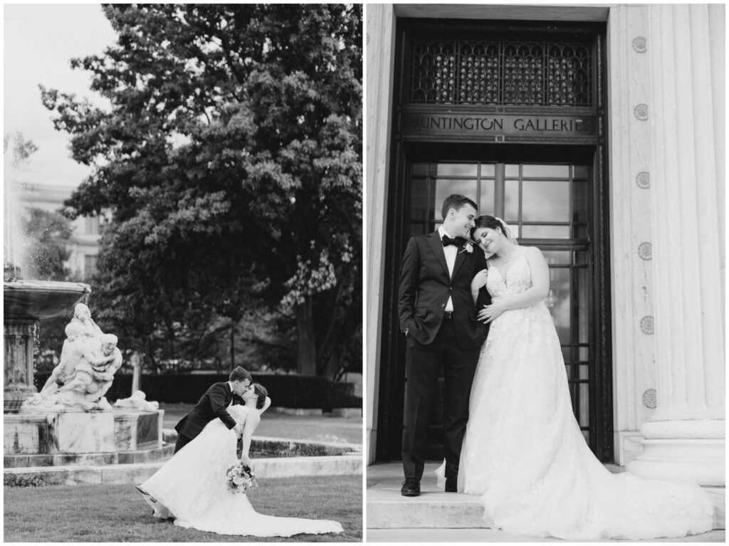 A couple posing at the Cleveland Museum of Art for their wedding portraits