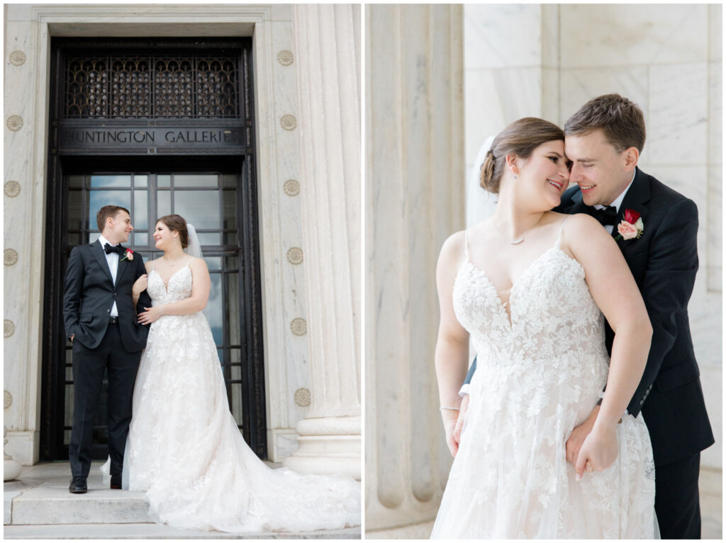 A couple posing at the Cleveland Museum of Art for their wedding portraits